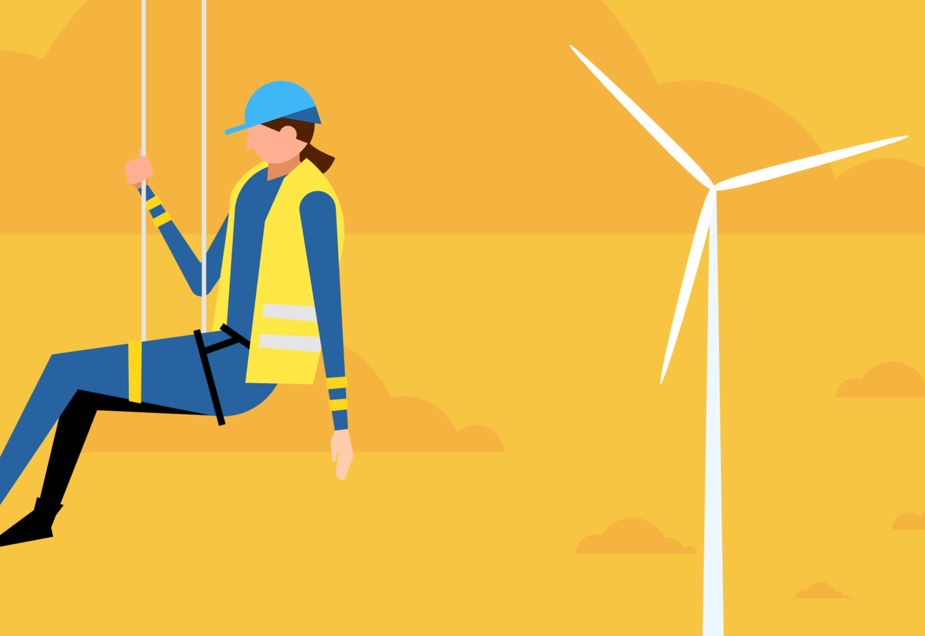 Graphic shows a worker abseiling against a yellow background. In the distance, are clouds and a wind farm